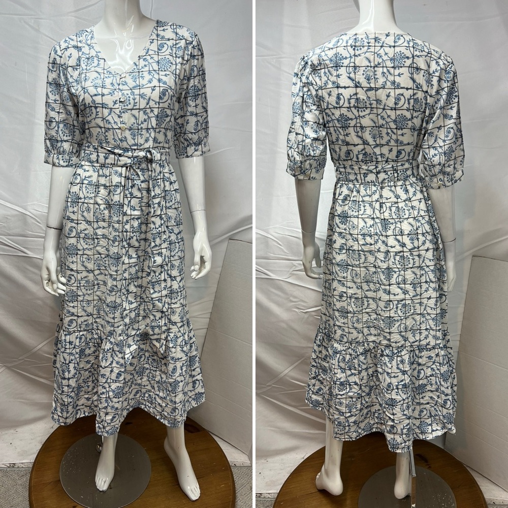 Uncle Frank Small White Blue China Pattern Half Sleeve Belted Midi Dress Anthro - Picture 3 of 9
